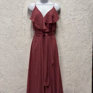 Bill Levkoff Chiffon Maxi Dress Womens 6 Mauve Ruffle V-Neck Spaghetti Sleeve